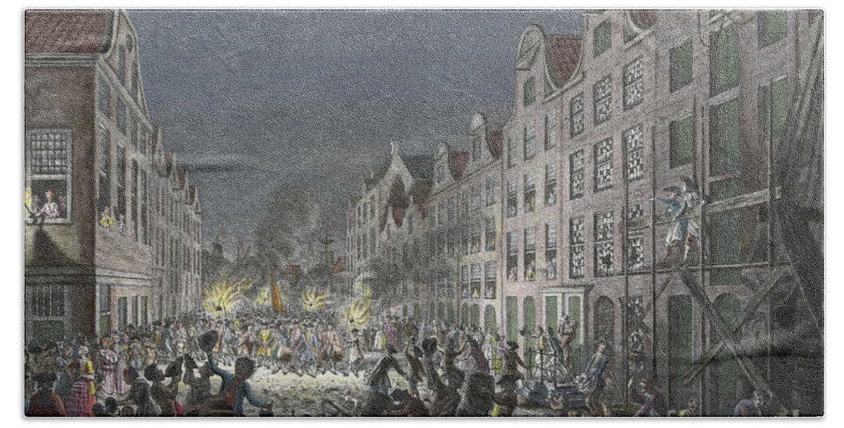 1751 Beach Towel featuring the drawing Rotterdam Riot, 1751 by Simon Fokke
