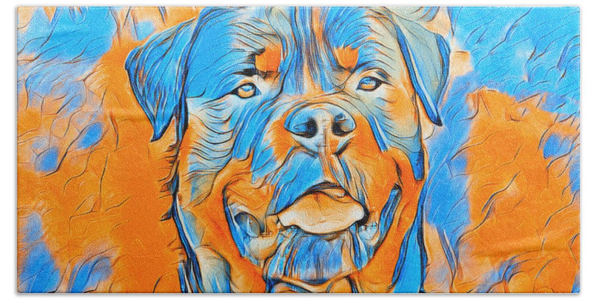 Rottweiler Dog Beach Towel featuring the digital art Rottweiler dog portrait in blue and orange by Nicko Prints