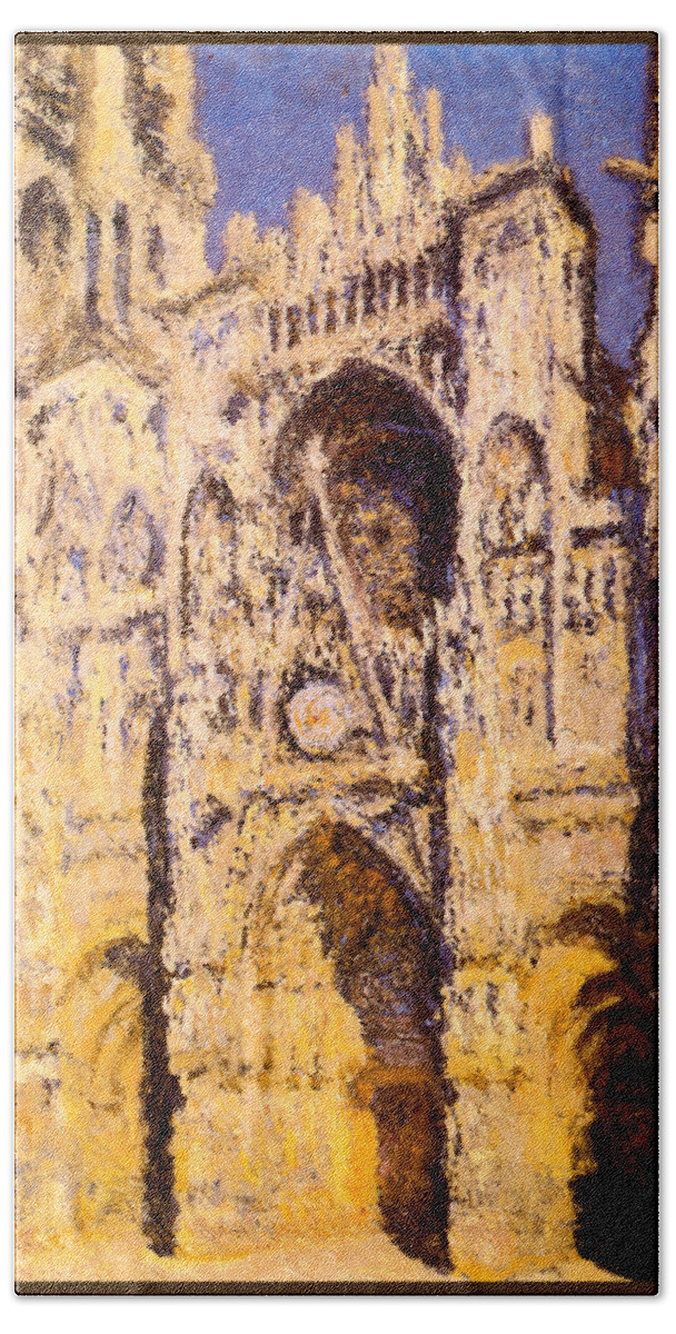 Claude Monet Beach Towel featuring the painting Rouen Cathedral Portal and Tour d Albane Full Sunlight Harmony in Blue and Gold by Claude Monet