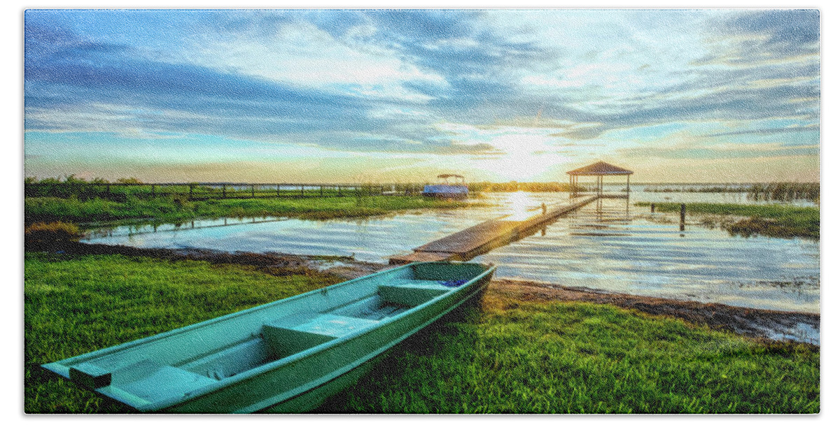 Docks Beach Towel featuring the photograph Rowboat at the Water's Edge by Debra and Dave Vanderlaan