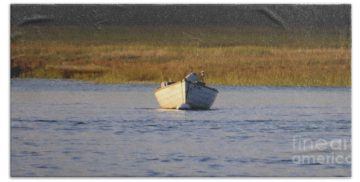 Photography Beach Towel featuring the photograph Rowboat in the inlet by Lennie Malvone