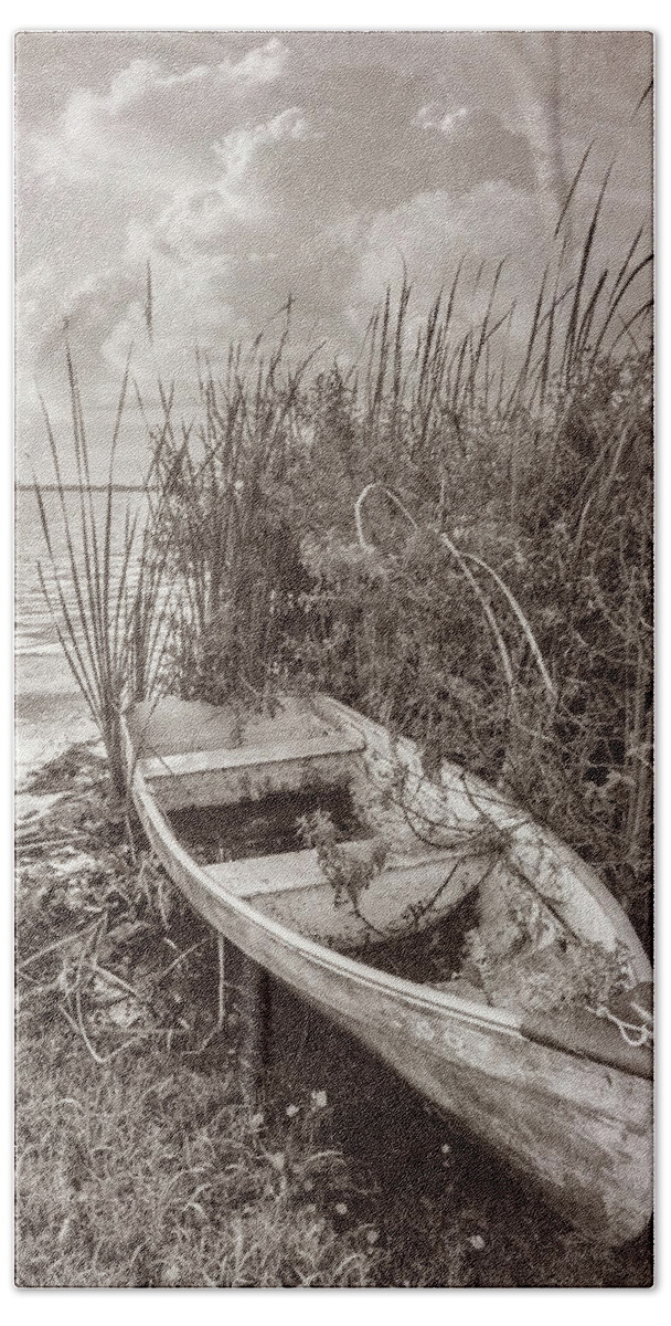 Boats Beach Towel featuring the photograph Rowboat in the Marsh in Sepia Tones by Debra and Dave Vanderlaan