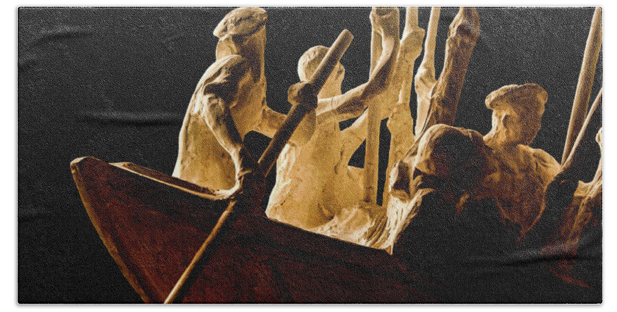 Rowing Boat Sculpture Figurine Sepia Beach Towel featuring the photograph Rowing Sculpture1 by John Linnemeyer