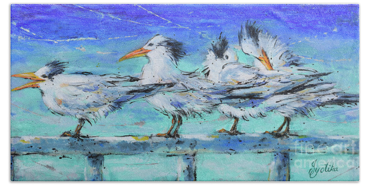 Royal Tern Beach Towel featuring the painting Lounging Royal Terns by Jyotika Shroff