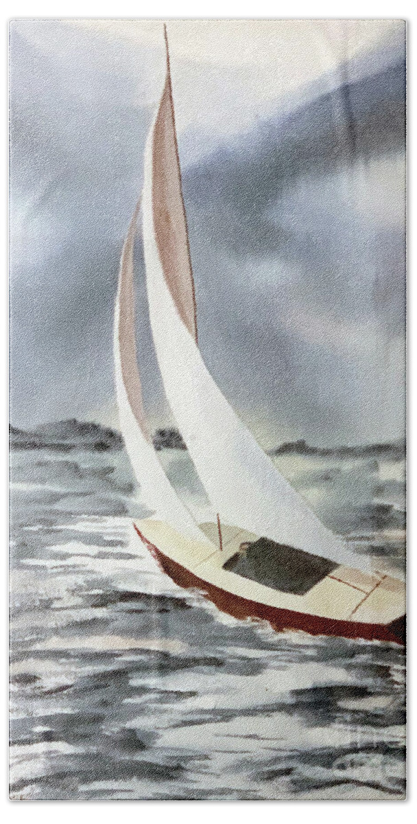 Watercolor Seascape Paiinting Beach Towel featuring the painting Rudderless in Reality--Sailboat Watercolor by Catherine Ludwig Donleycott