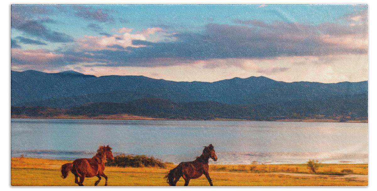 Animal Beach Towel featuring the photograph Running Horses by Evgeni Dinev