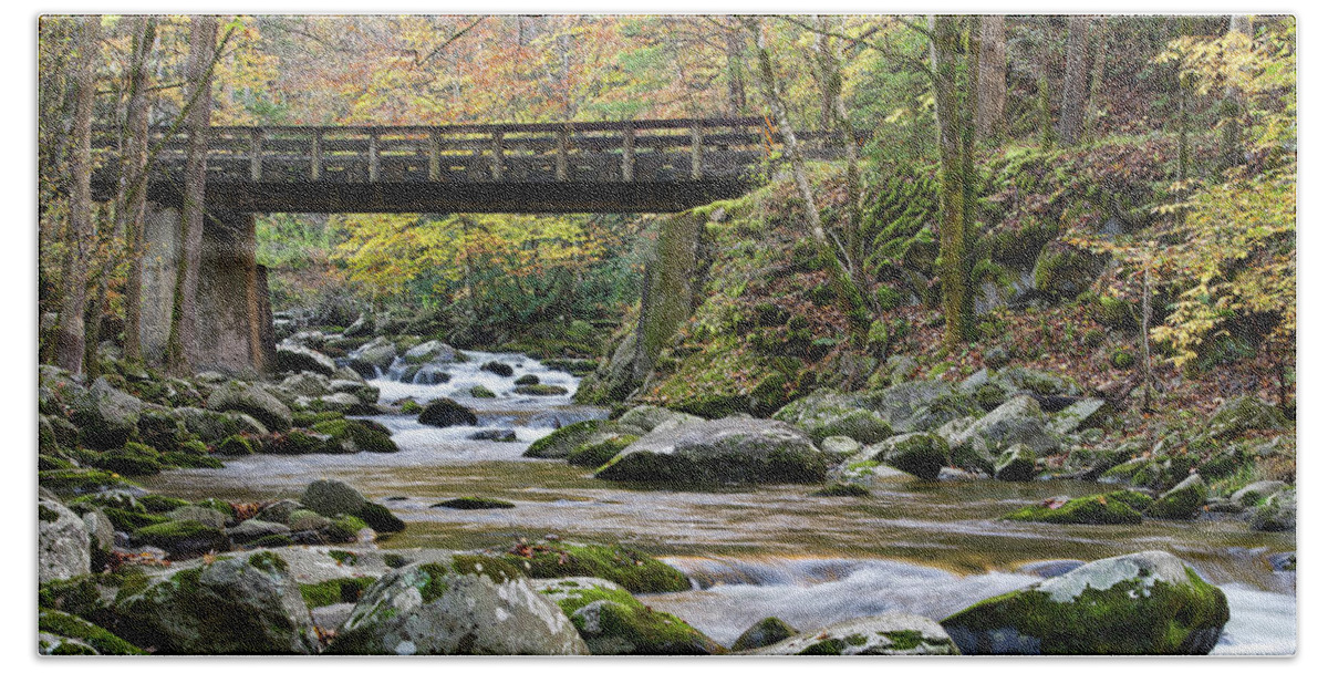 Autumn Beach Towel featuring the photograph Rustic Wooden Bridge by Phil Perkins