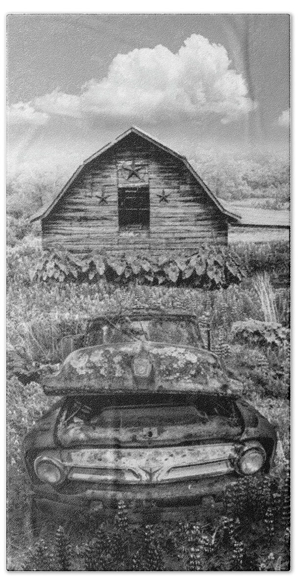 Chevy Beach Towel featuring the photograph Rusty Ford by the Star Barn Black and White by Debra and Dave Vanderlaan