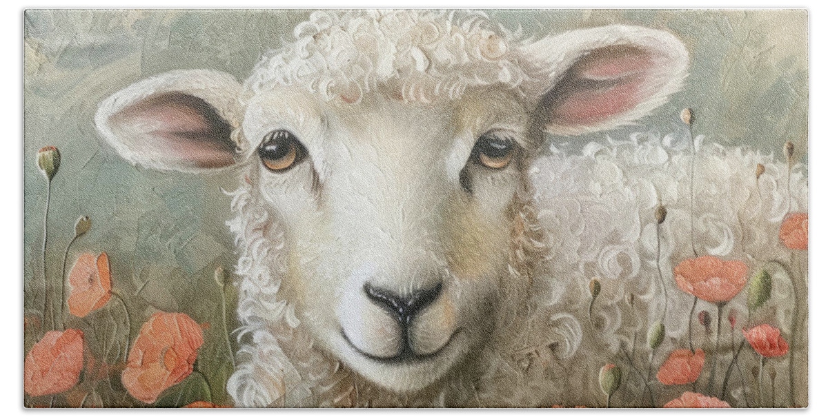Sheep Beach Towel featuring the painting Sadie In The Poppies by Tina LeCour