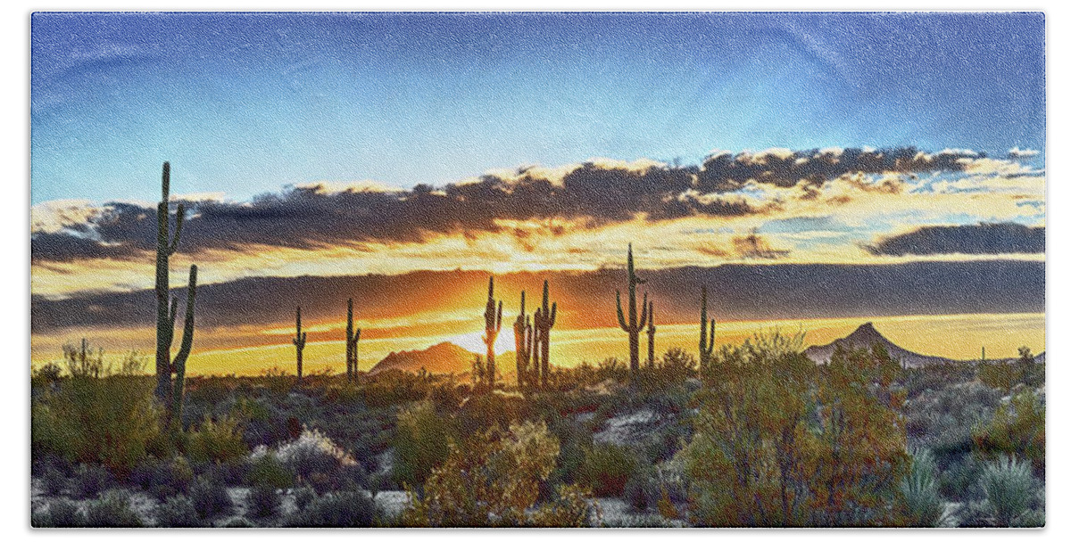 Arizona Beach Towel featuring the photograph Saguaro Sunrise Panorama, Arizona by Don Schimmel
