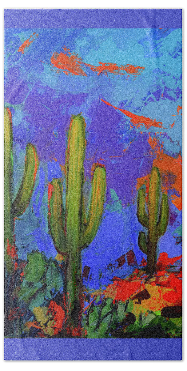 Saguaros Beach Towel featuring the painting Saguaros Land Sunset by Elise Palmigiani