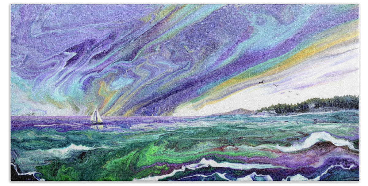 Oregon Beach Towel featuring the painting Sailing into the Amethyst Sea by Laura Iverson