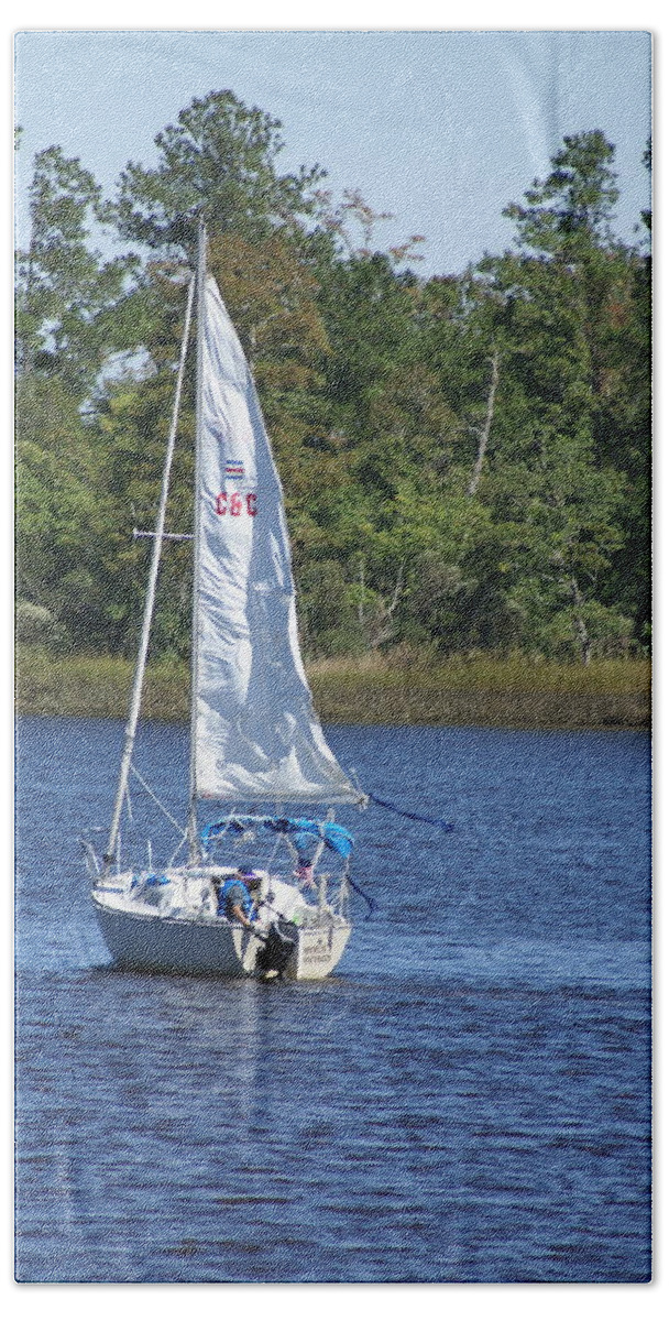  Beach Towel featuring the photograph Sailing on the Brunswick River by Heather E Harman