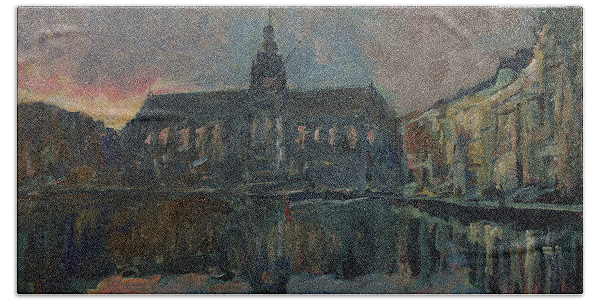 Sint Bavo Beach Towel featuring the painting saint Bavo Church Haarlem by Nop Briex