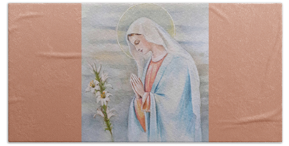 Lily Beach Towel featuring the painting Saint Mary with lily by Carolina Prieto Moreno