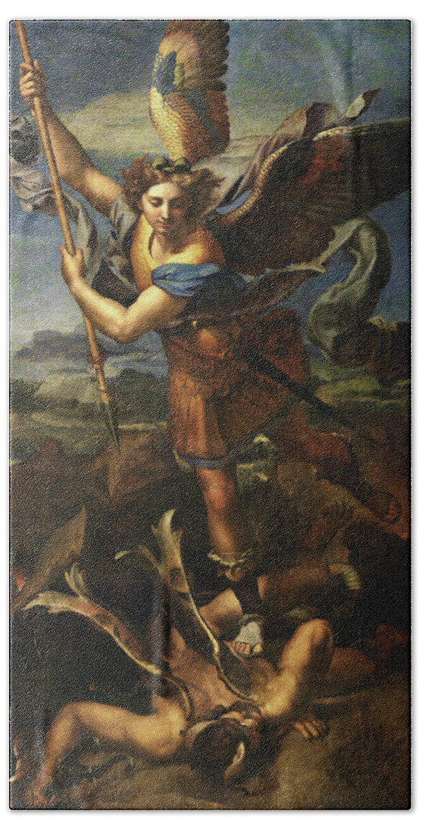 Raphael Beach Towel featuring the painting Saint Michael Vanquishing Satan, 1518 by Raphael