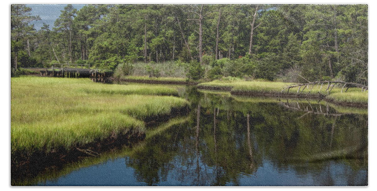 Virginia Beach Towel featuring the photograph Saltwater Marsh Reflections on a Summer Morning by Marcy Wielfaert