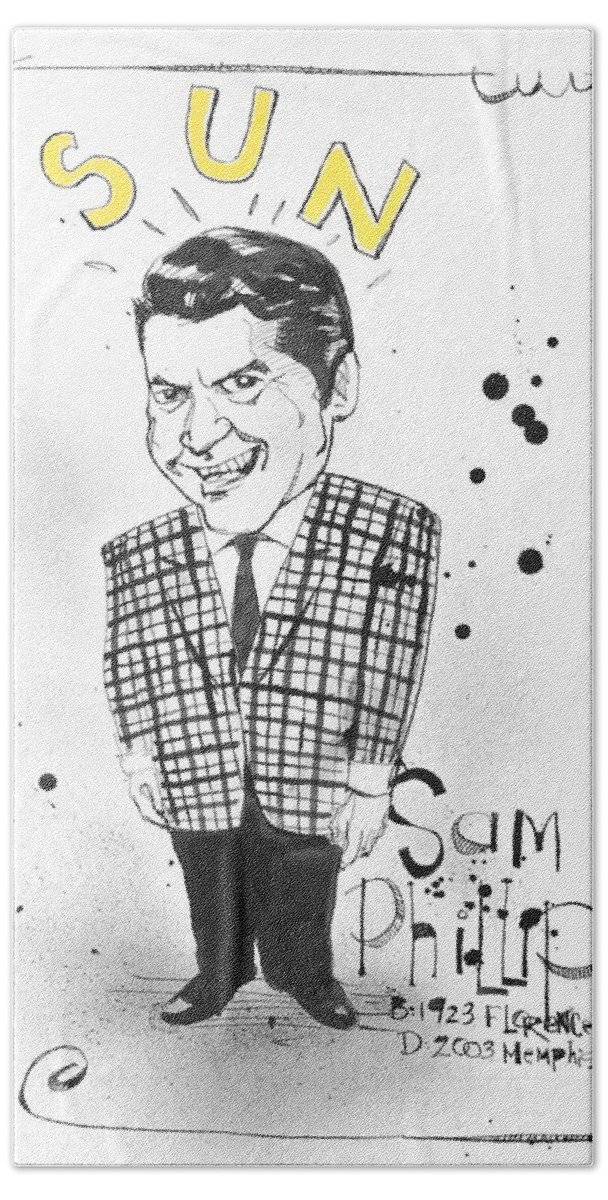  Beach Towel featuring the drawing Sam Phillips by Phil Mckenney