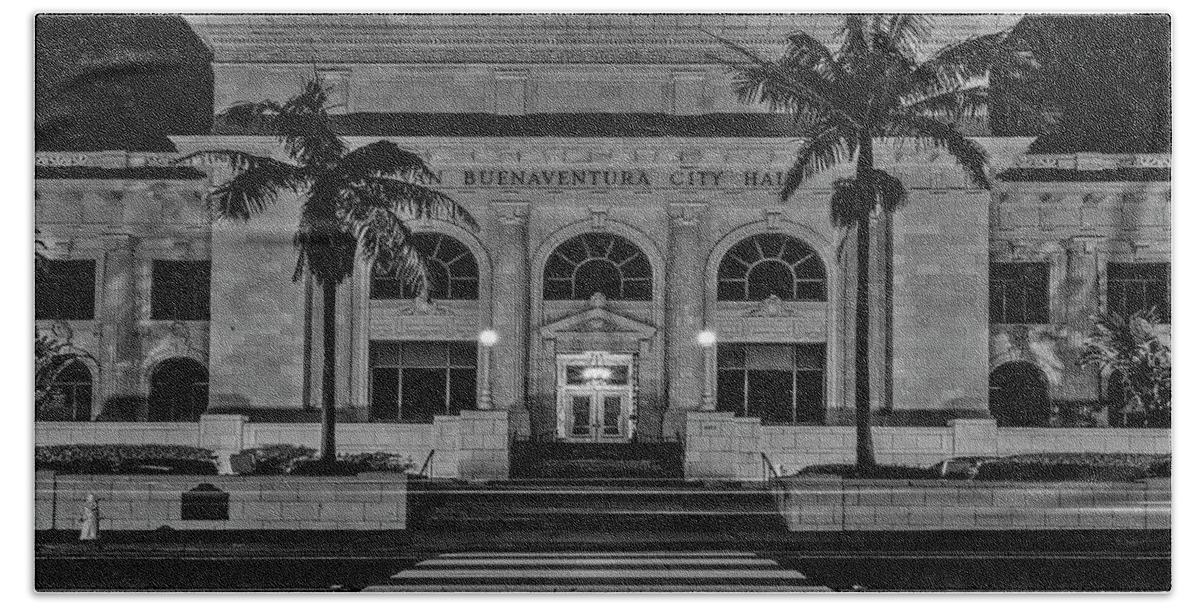 San Buenaventura City Hall Beach Towel featuring the photograph San Buenaventura City Hall CA BW by Susan Candelario