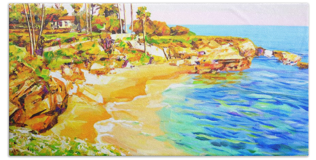 Ocean Beach Towel featuring the painting San Diego Beach. California. by Iryna Kastsova
