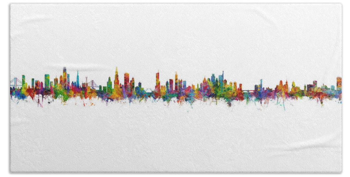 Buffalo Beach Towel featuring the digital art San Francisco, Chicago, Philadelphia and Buffalo Skylines Mashup by Michael Tompsett