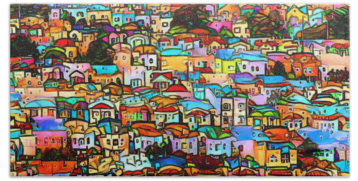 Wingsdomain Beach Towel featuring the mixed media San Francisco Houses In The Hills Vibrant And Playful 20220806 by Wingsdomain Art and Photography