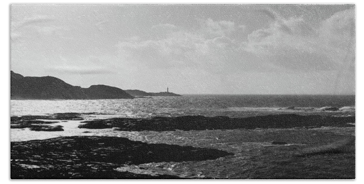 Panorama Beach Towel featuring the photograph Sanna Bay Beach Ardnamurchan peninsula lighthouse isle of Rum sc by Sonny Ryse