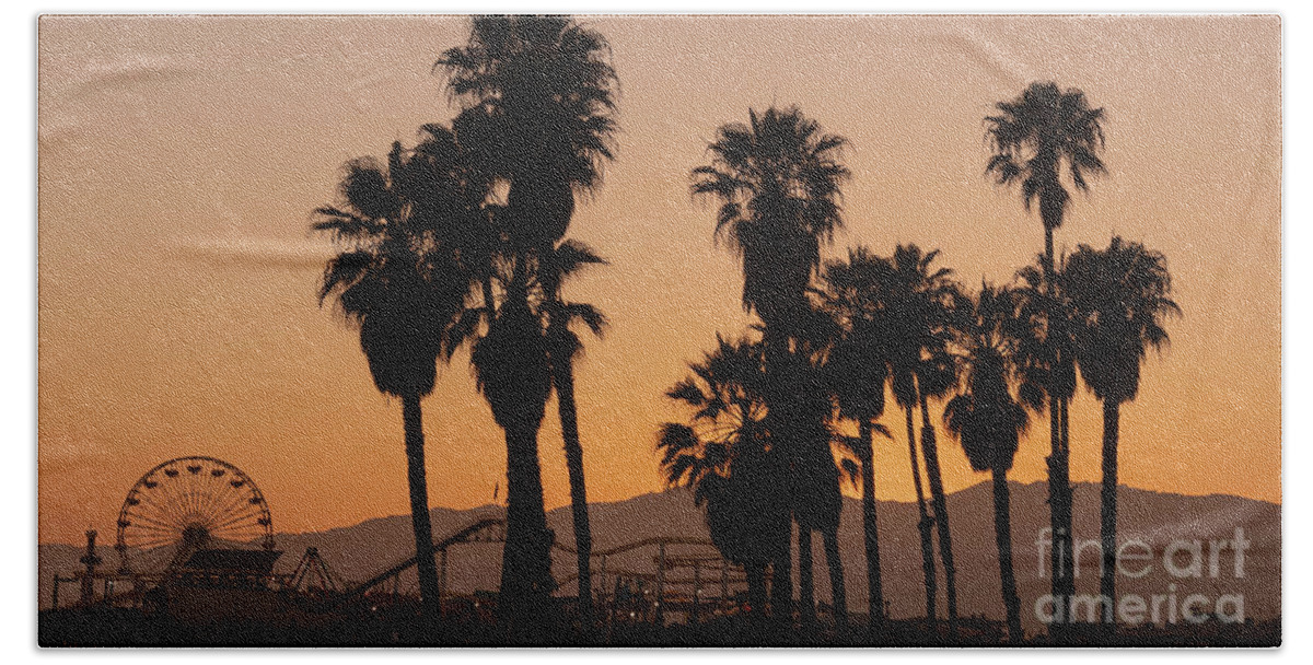 Santa Monica Pier And Palm Trees At Sunset Beach Sheet featuring the photograph Santa Monica Pier and Palm Trees at Sunset by Nina Prommer