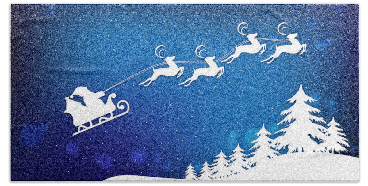 Santa Beach Towel featuring the digital art Santa's Sleigh And Reindeer Christmas Card by Serena King