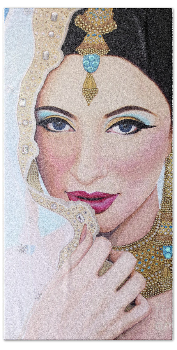 Art Beach Towel featuring the painting Sapphire Indian Bride by Malinda Prud'homme