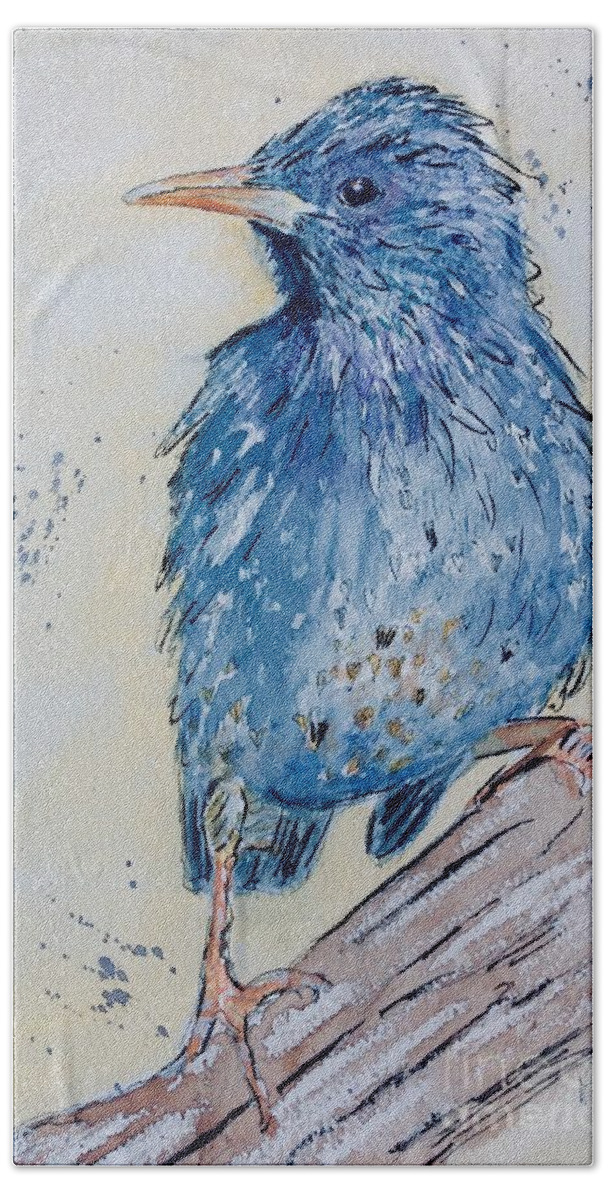 Starling Beach Towel featuring the painting Sassy Starling by Maxie Absell
