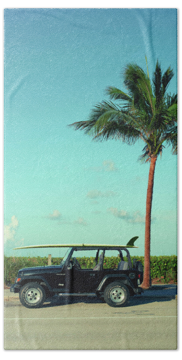 Surfer Beach Sheet featuring the photograph Saturday Surfer Jeep by Laura Fasulo