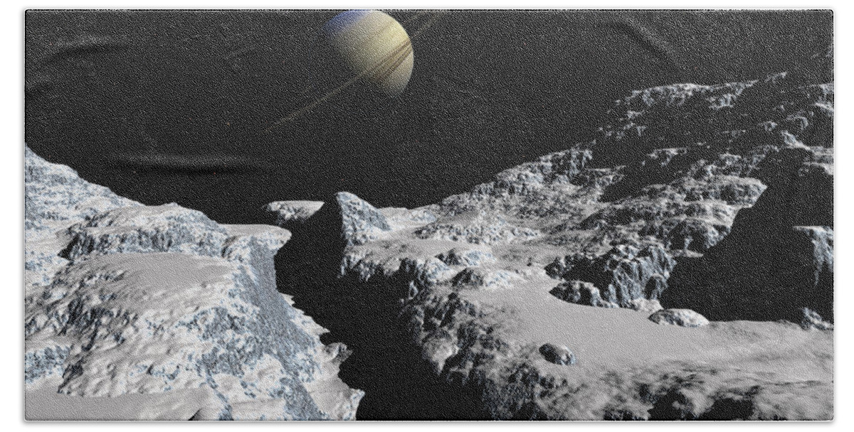 Spaceship Beach Towel featuring the digital art Saturn from Rhea by David Robinson