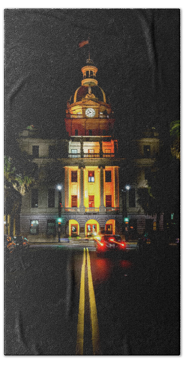 Savannah Beach Towel featuring the photograph Savannah City Hall at night by Kenny Thomas