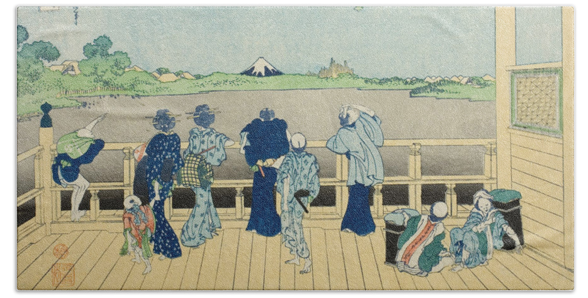 19th Century Art Beach Towel featuring the relief Sazai Hall at the Temple of the Five Hundred, from the series Thirty-Six Views of Mount Fuji by Katsushika Hokusai