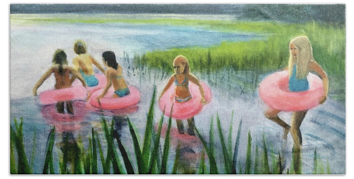 Pink Floaties Beach Towel featuring the painting Scoby Pond Birthday by Cyndie Katz