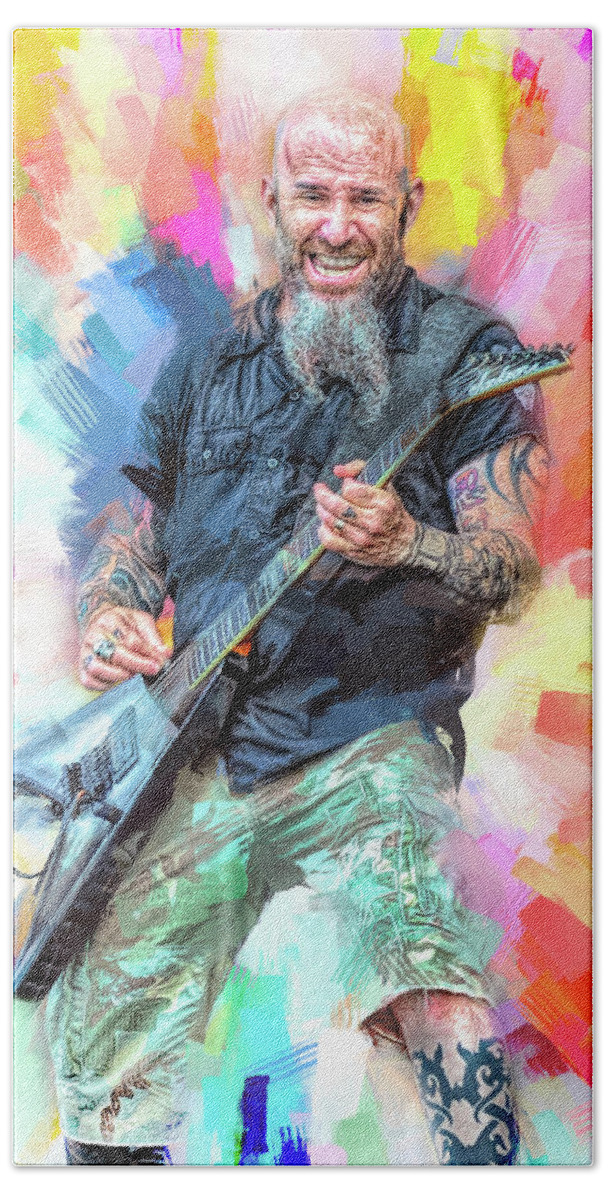 Anthrax Beach Towel featuring the mixed media Scott Ian, Anthrax by Mal Bray