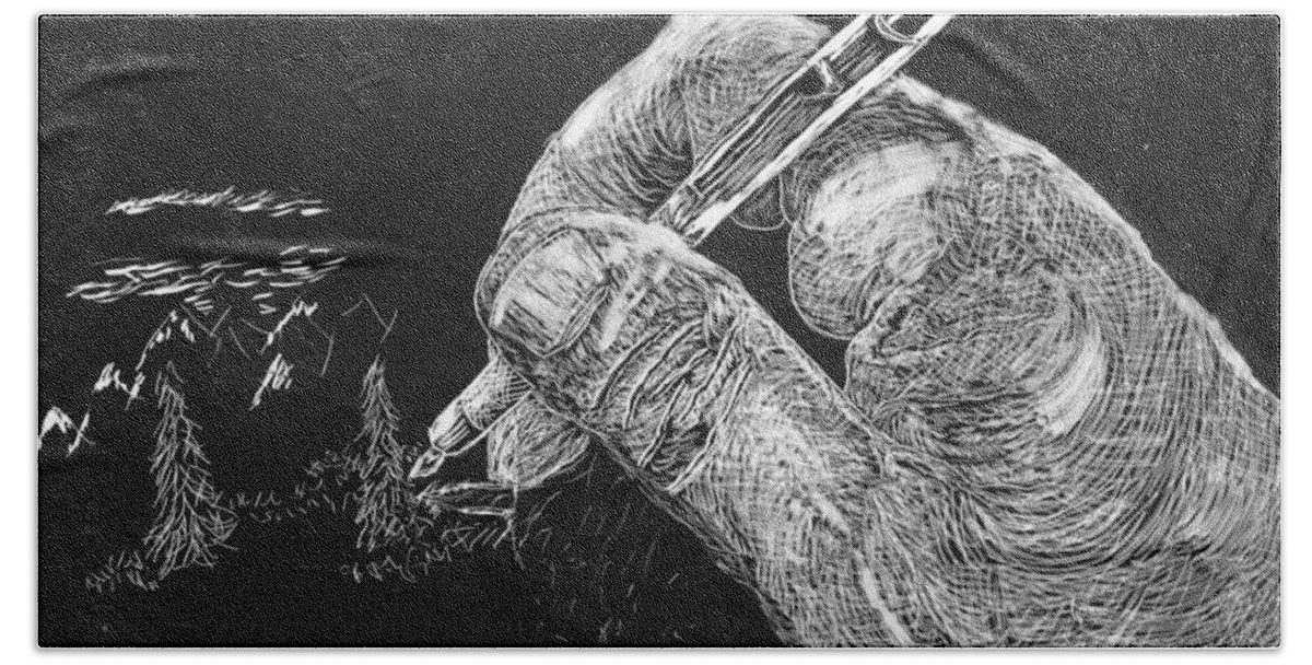 Scratchboard Beach Towel featuring the drawing Scratches - a self portrait by Branwen Drew