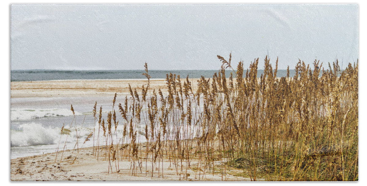 Sea Oats Beach Towel featuring the photograph Sea Oats at High Tide Along Atlantic Beach by Bob Decker