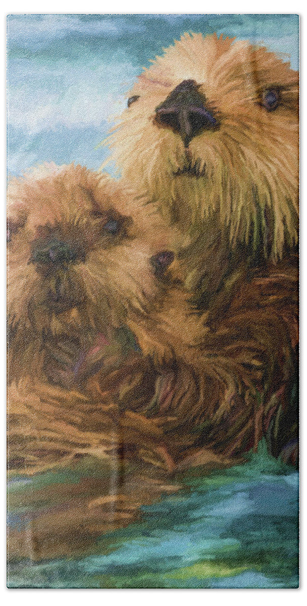 Animal Beach Towel featuring the painting Sea Otter Mom and Pup by David Wagner