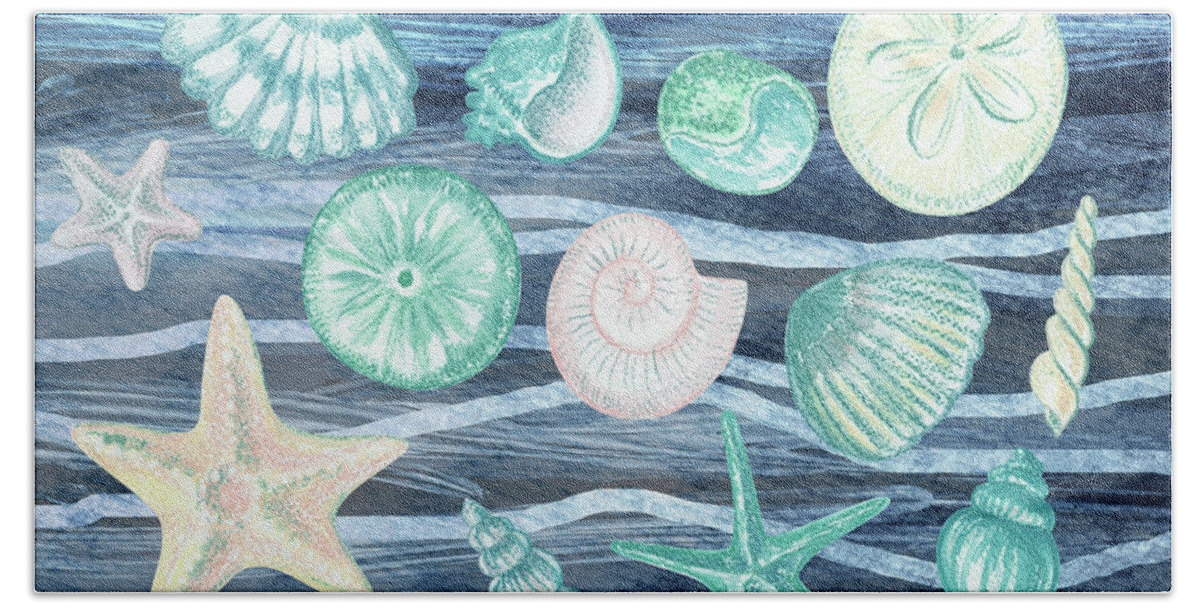 Beach Art Beach Towel featuring the painting Sea Stars And Shells On Blue Waves Watercolor Beach Art Collection by Irina Sztukowski