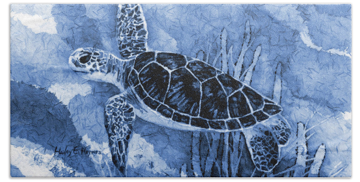 Urtle Beach Towel featuring the painting Sea Turtle in Blue by Hailey E Herrera