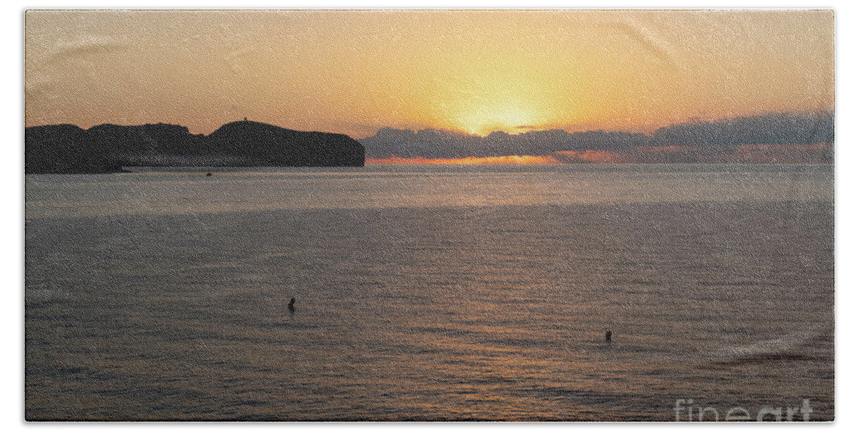 Mediterranean Sea Beach Towel featuring the photograph Sea water and golden sky at sunrise, Mediterranean coast by Adriana Mueller