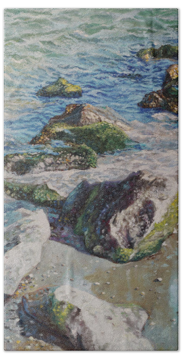 Sea Beach Towel featuring the painting Sea water with rocks on shore by Martin Davey