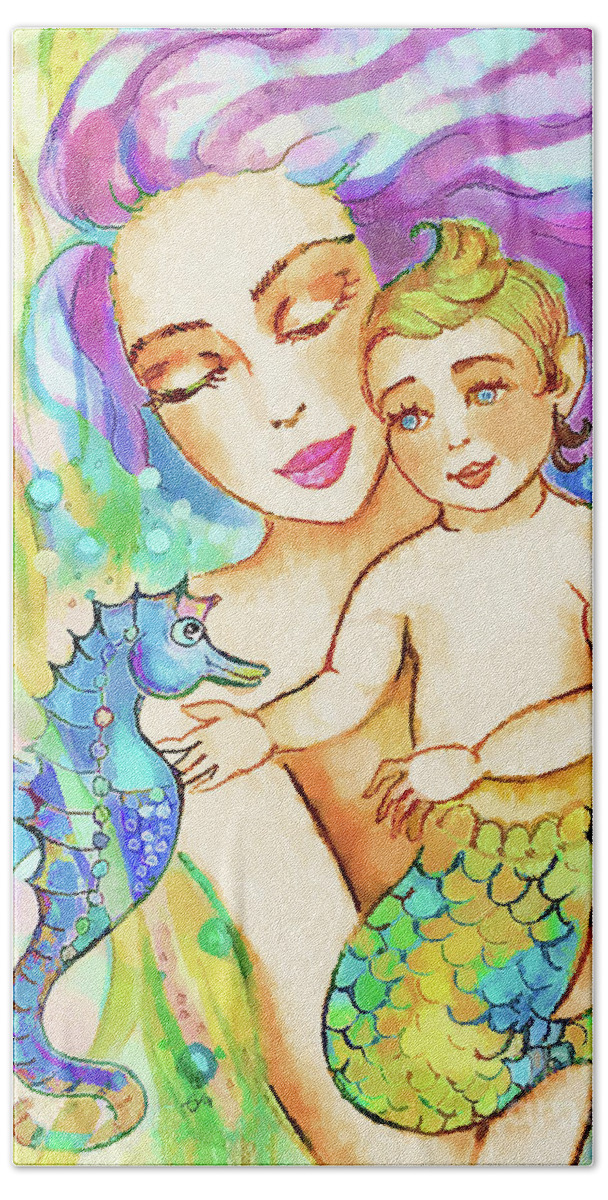 Mermaid Mother Beach Sheet featuring the painting Sea Wonders by Eva Campbell