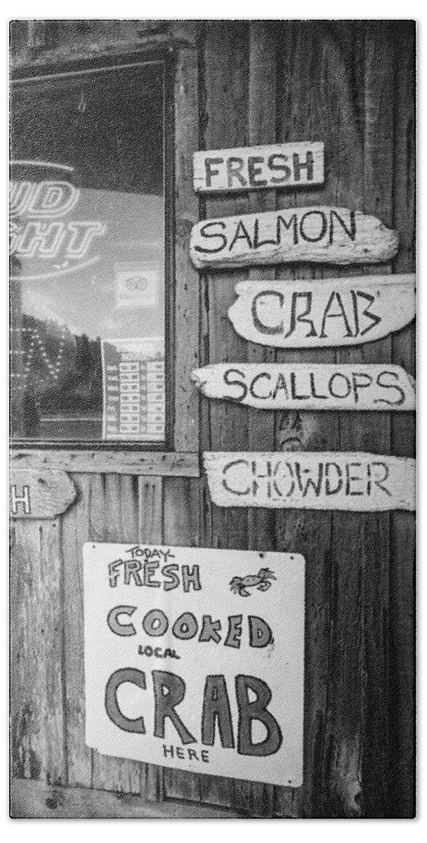 Black Beach Towel featuring the photograph Seafood Signs at the Dock Black and White by Debra and Dave Vanderlaan