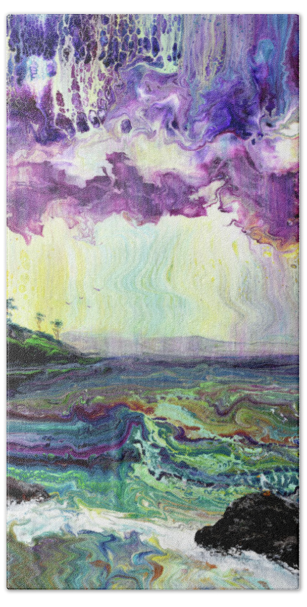 Pacific Northwest Beach Towel featuring the painting Seagulls in Sunset Rain by Laura Iverson