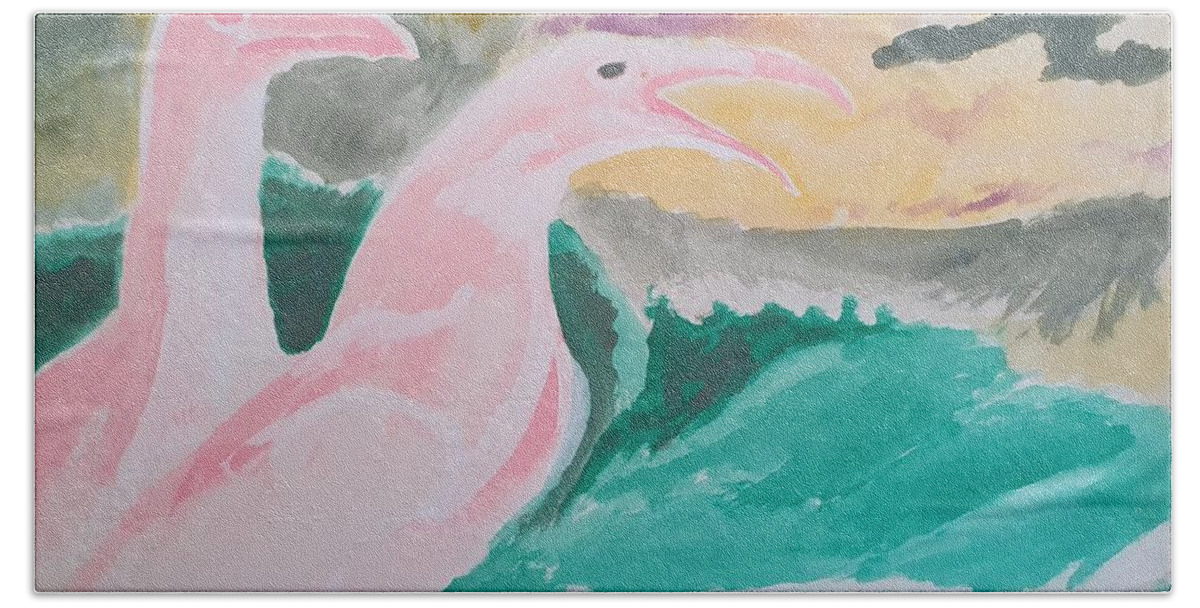 Seagulls Beach Towel featuring the painting Seagulls with Waves by Enrico Garff