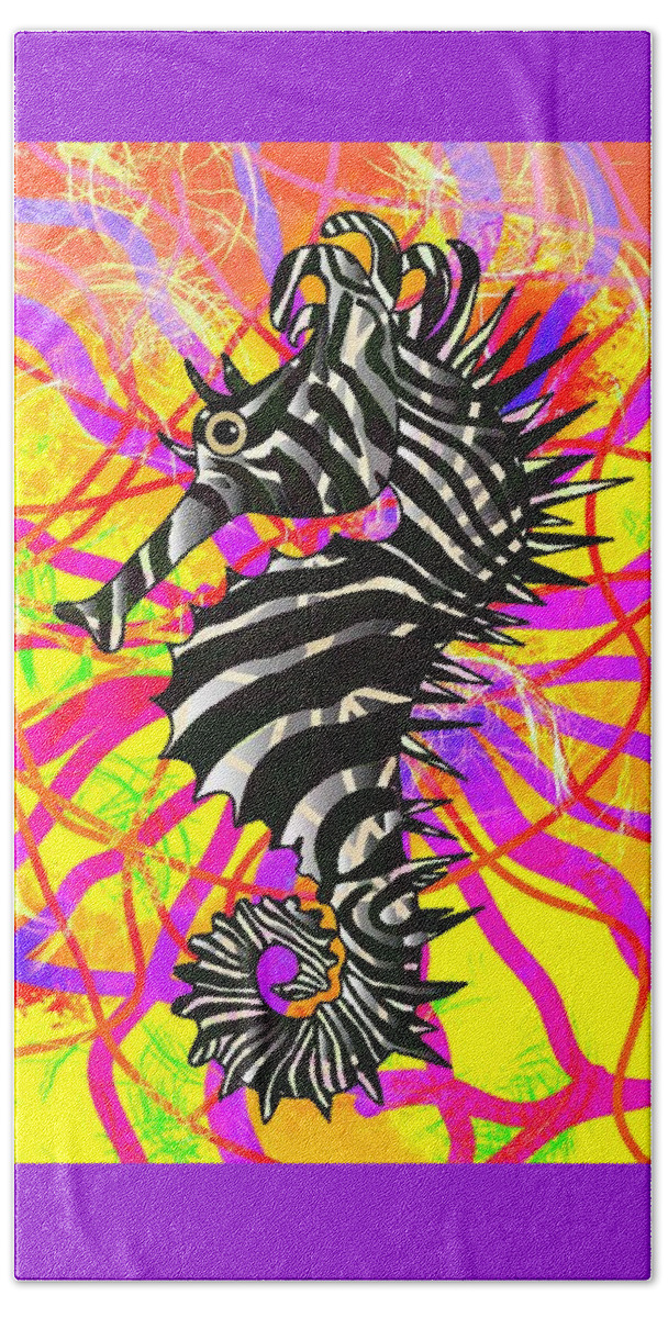 Portrait Beach Towel featuring the drawing Seahorse Zebra Stripes Bold And Bright by Joan Stratton