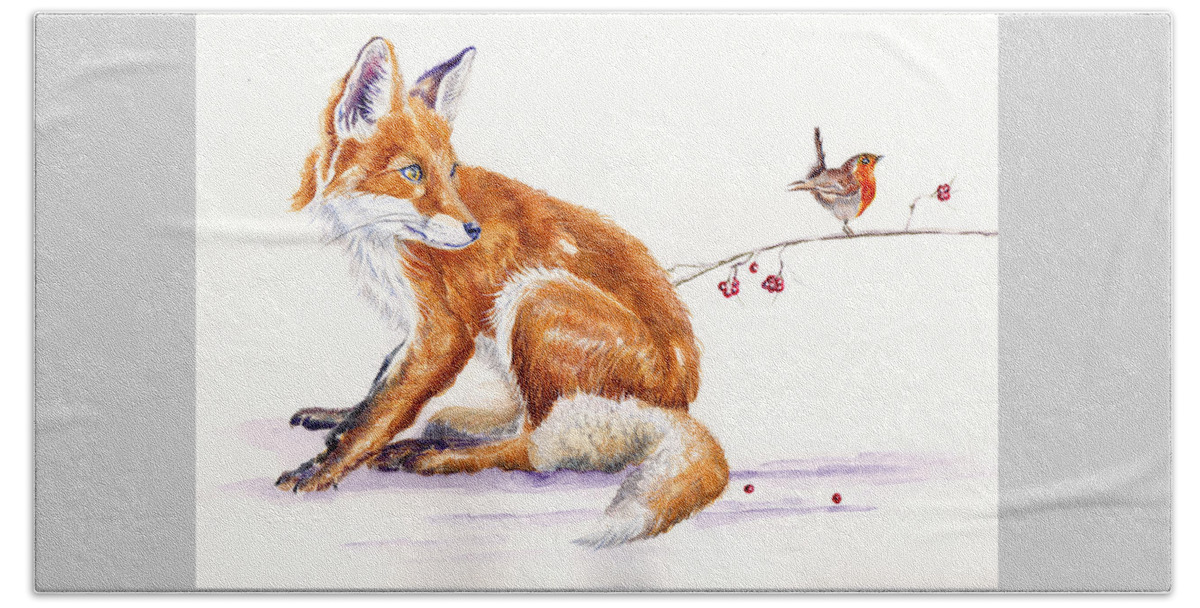 Red Fox Beach Towel featuring the painting Fox and Robin - Seasonal Greetings by Debra Hall